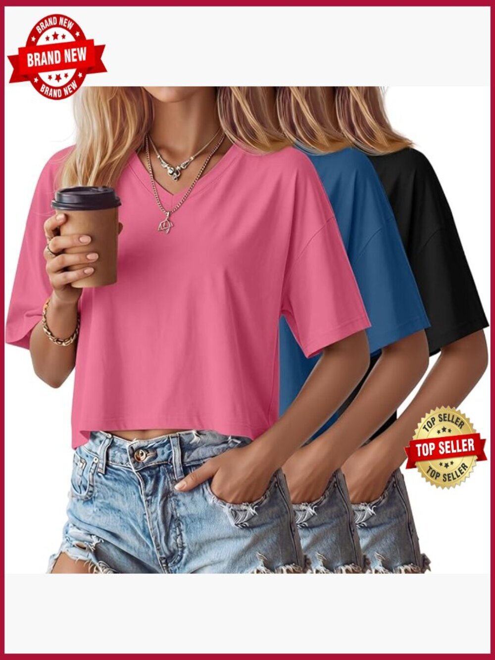 3 Pack V Neck Crop Tops Half Sleeve Drop Shoulder Boxy Tees
